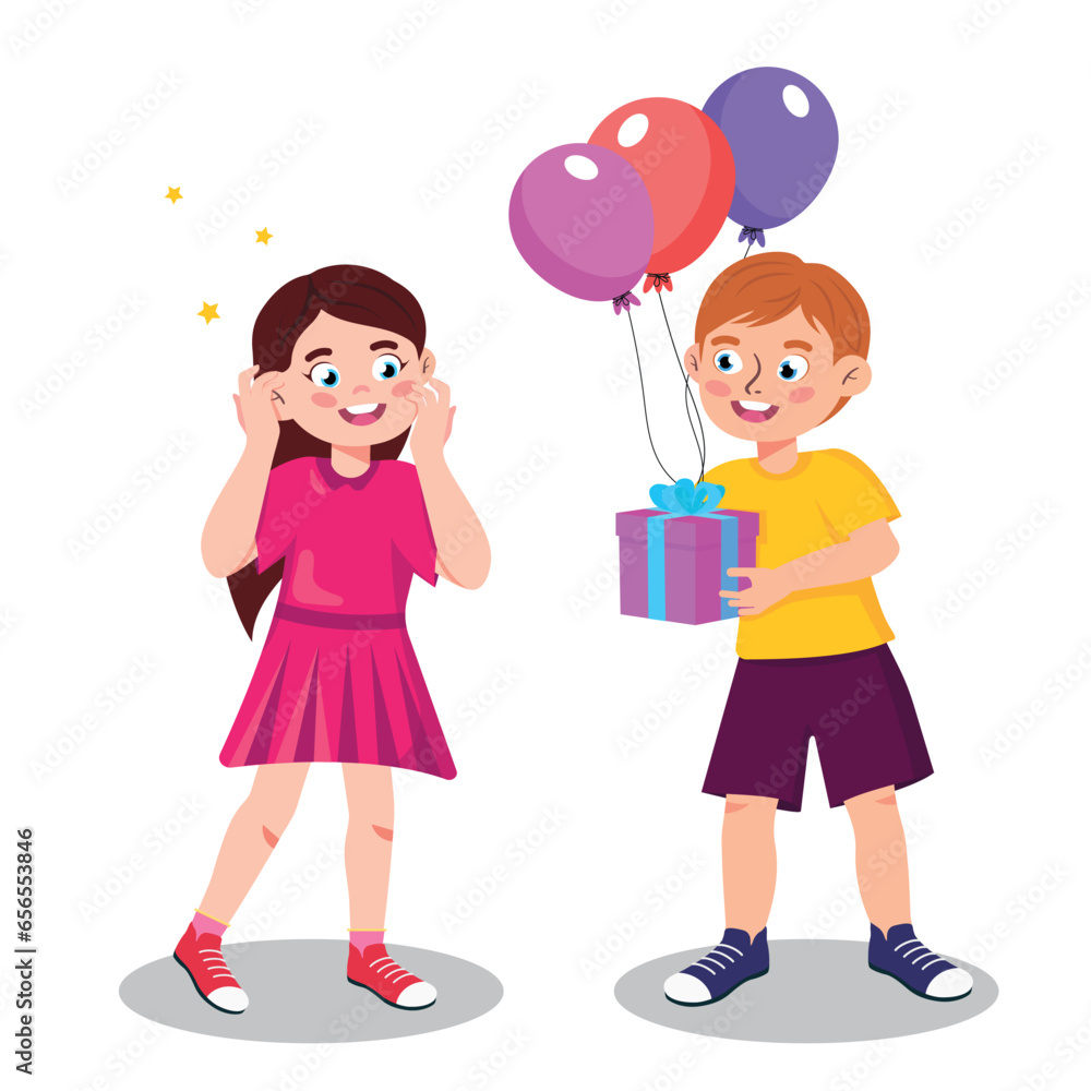 Little kids celebrating birthday, kid  giving a birthday present. Happy kids birthday vector illustration isolated