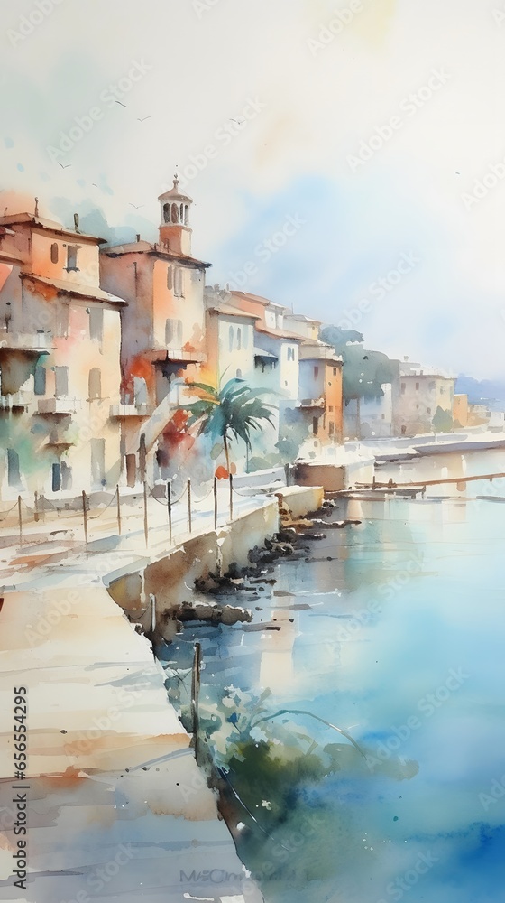 Watercolor painting of a canal in Rovinj, Croatia