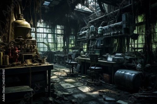 Mysterious abandoned lab filled with ominousness and insecurity. Generative AI
