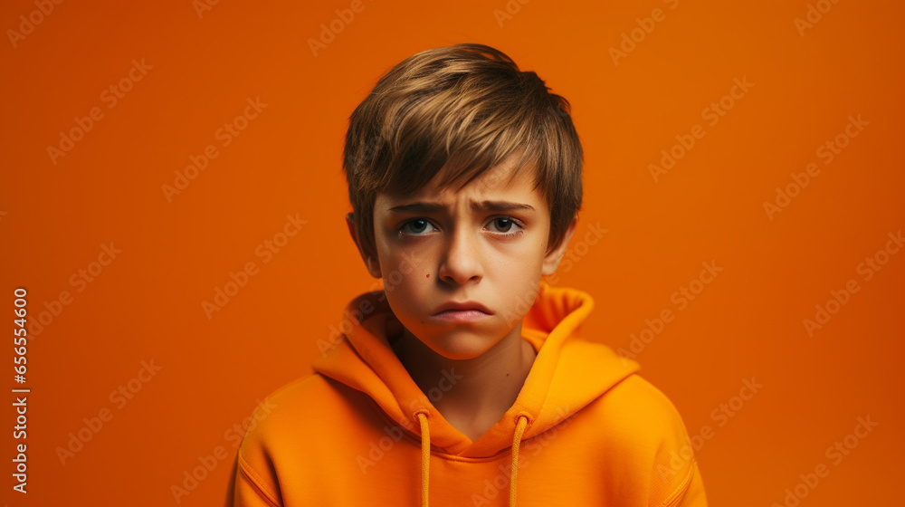 Cry boy kid isolated on blue studio background Cry boy kid isolated on blue studio background