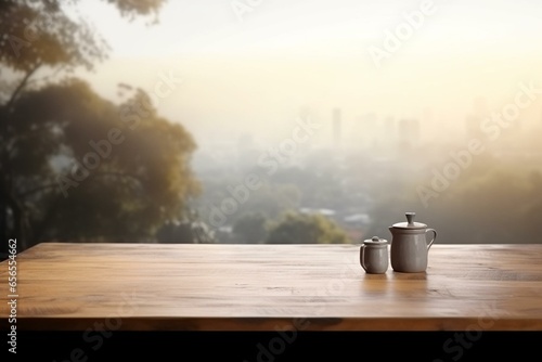 A vacant table on wooden surface with a hazy backdrop of a café for showcasing or creating product collages. Generative AI
