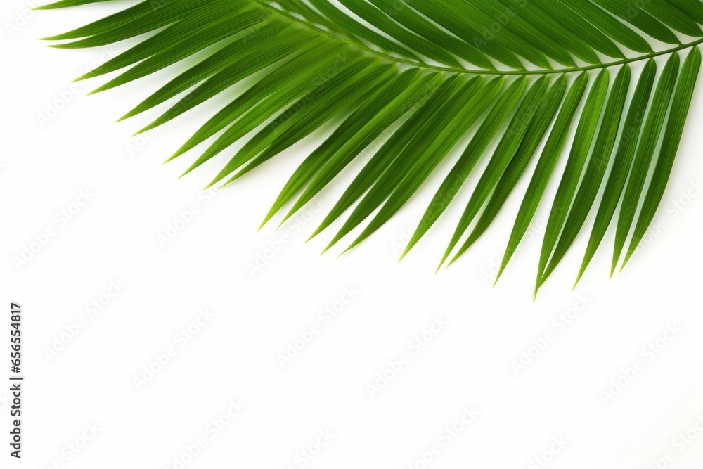 Fototapeta premium Green leaf of palm tree on white background, Generative AI
