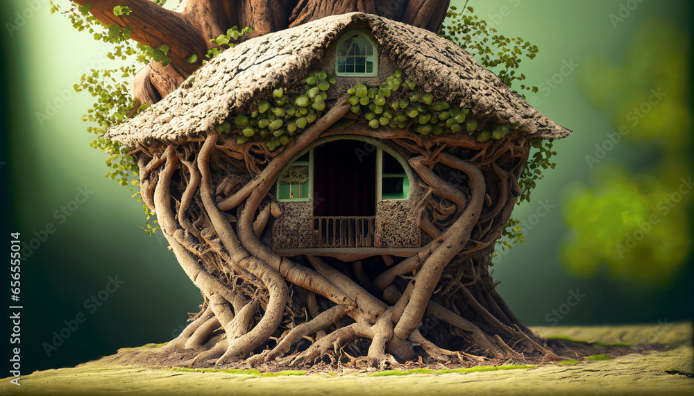 Fototapeta premium Tree House with lush leaves and roots, Forest, life in the forest