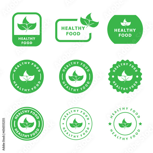 Healthy food sticker, sign, label, badge or emblem. Organic or eco product. Healthy food concept. Product without GMO or chemicals. Vector icon set