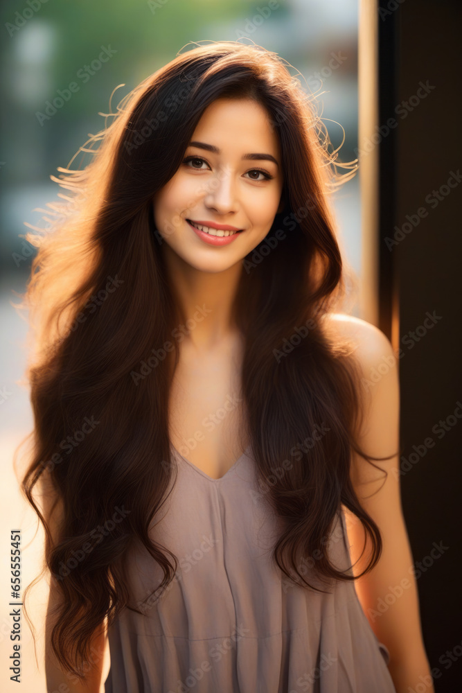 Woman with long hair smiling at the camera with smile on her face. Woman with long hair smiling at the camera with smile on her face.