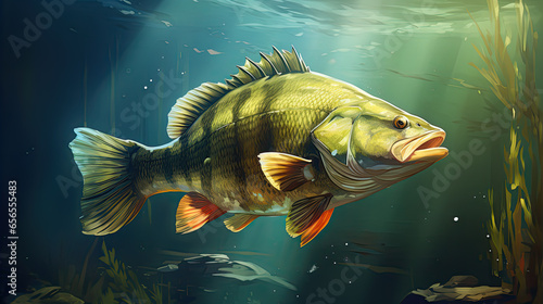 Fishing trophy - big freshwater perch in water on green background.