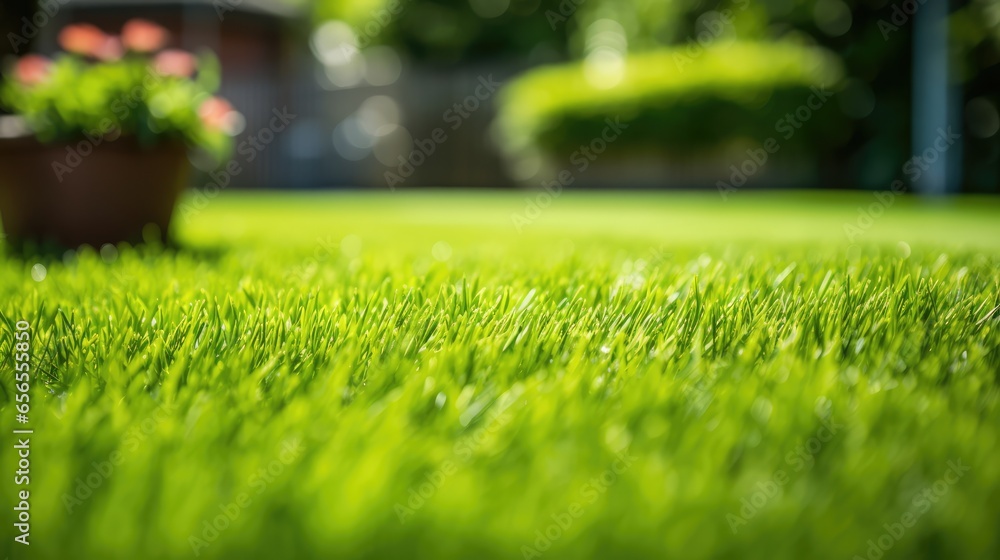 Beautiful view on cute backyard in sunny day, fresh green grass lawn in sunlight, landscaping in the garden, beauty of summer season