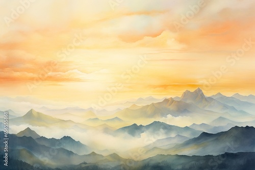 A soft watercolor sunrise over a tranquil mountain range