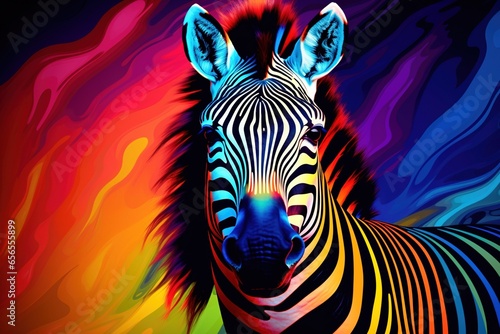 Zebra with stripes digitally painted in a spectrum of colors