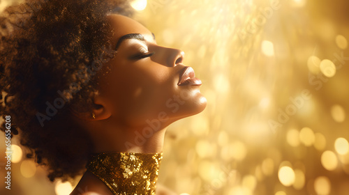African model in gold on golden sparkling background, girl in golden dress, elegant ear rings, closed eyes, contemplative, dreaming, glitter on her face, Luxury and premium photography.