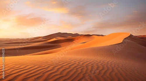 Desert sand dunes at sunset. Panoramic view. © Iman