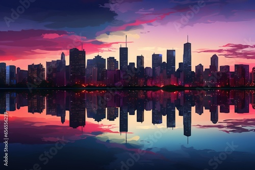 A city skyline silhouette reflected on the calm water under a twilight sky