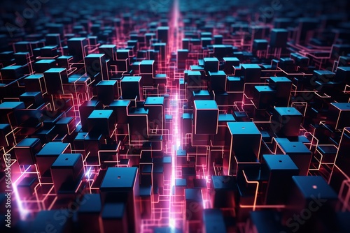 A digital neon maze symbolizing complex data paths floating in an abyss of darkness