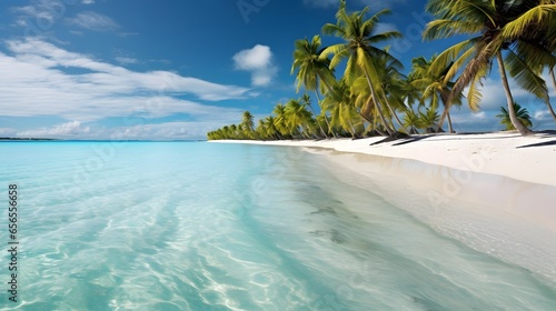 Panoramic view of a tropical beach with palm trees and turquoise water © Iman
