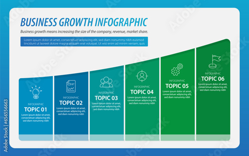 Business growth chart infographic template. 6 Step timeline journey, calendar Flat simple infographics design template. presentation graph. Business concept with 6 options, gantt vector illustration.