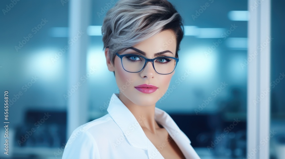 Photo of a supermodel laboratory assistant with a stylish short haircut, in a white coat, and stylish transparent glasses. In the laboratory. Photo of a supermodel laboratory assistant with a stylish short haircut, in a white coat, and stylish transparent glasses. In the laboratory.