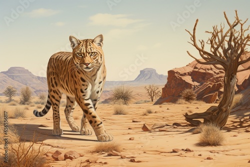 Large wildcat roaming arid landscape. Generative AI