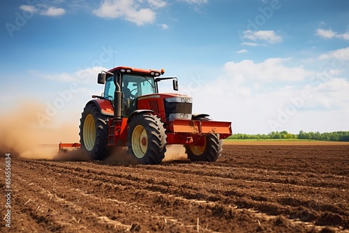 Agricultural workers with tractors. Ploughing a field
