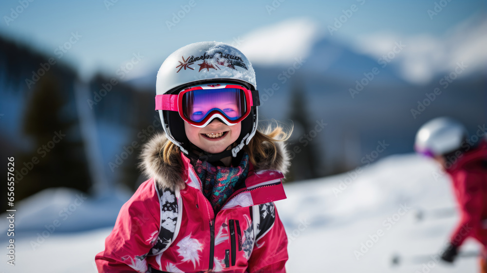 Portrait of a kid skier in helmet and winter clothes on the background of snow-covered mountain slope