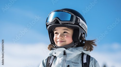 Portrait of a kid skier in helmet and winter clothes on the background of snow-covered mountain slope © MP Studio