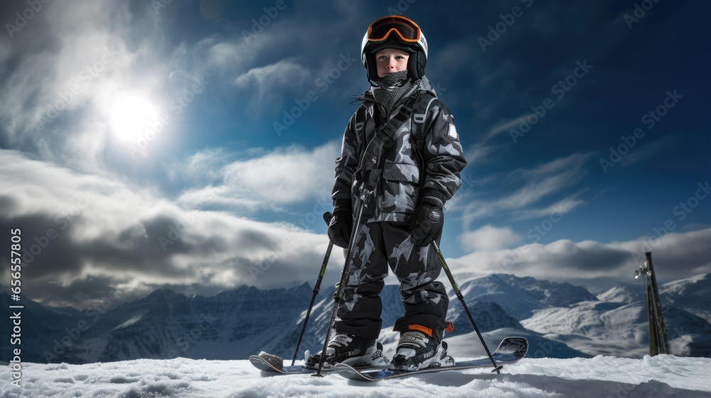 Portrait of a kid skier in helmet and winter clothes on the background of snow-covered mountain slope Portrait of a kid skier in helmet and winter clothes on the background of snow-covered mountain slope