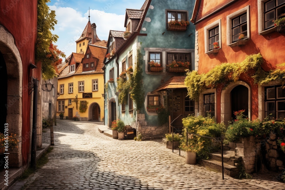 A quaint watercolor cobblestone street in an old European town