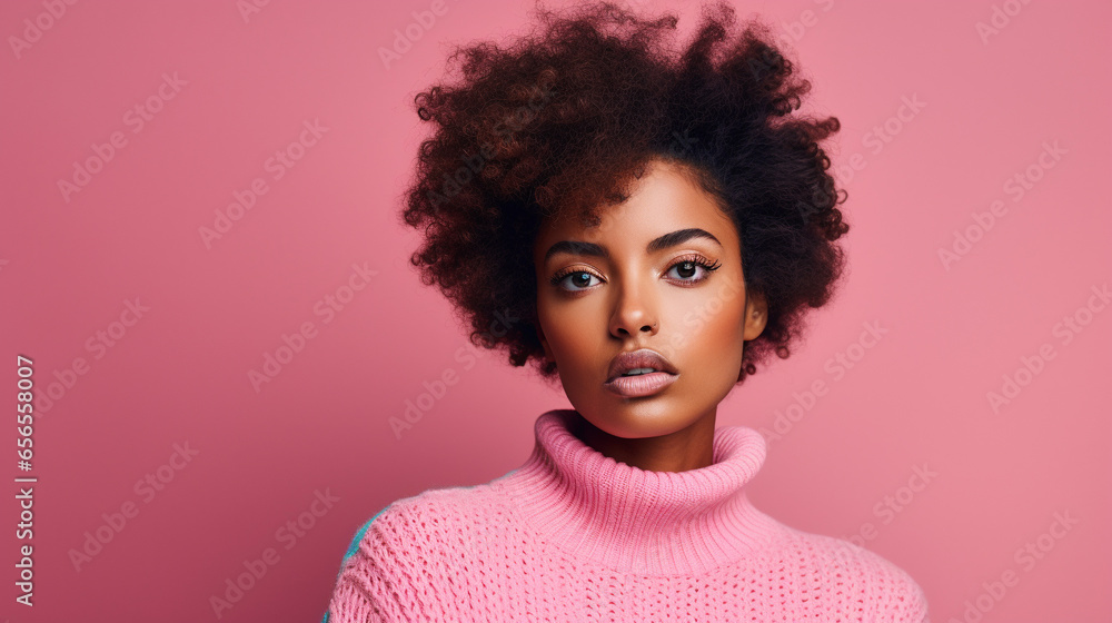 Beautiful black woman in blue wool sweater Beautiful black woman in blue wool sweater