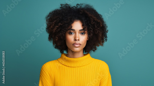 Beautiful black woman in blue wool sweater