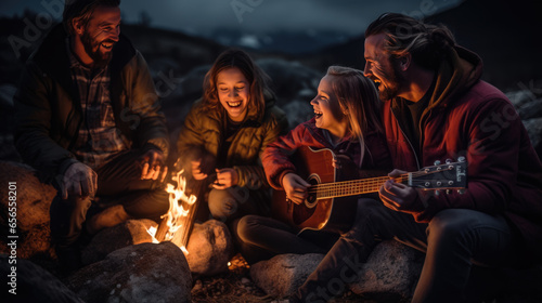 Group of friends plays guitar and relaxing around a campfire outdoors