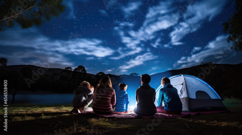 Family with kids looks up at the night sky and stars next to their tent in nature © MP Studio