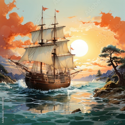 watercolor ship on the sea