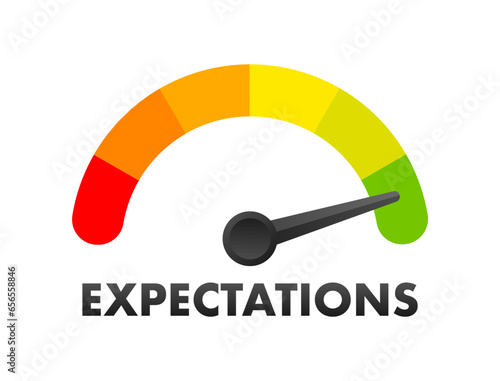Expectations Level Meter, measuring scale. Expectations speedometer indicator. Vector stock illustration