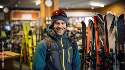 Man picks out ski equipment for the mountains at the store photo
