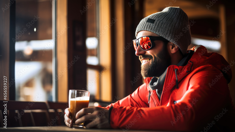 Happy man drinks a hot drink at a skier's cafe at the top of a mountain. - obrazy, fototapety, plakaty 