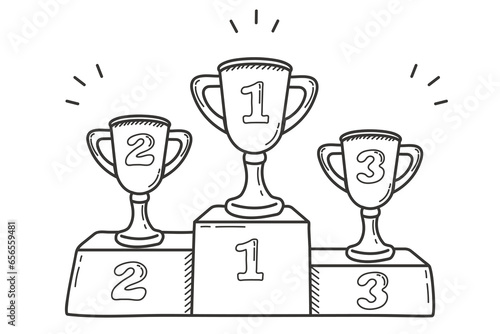 Winners podium in doodle style. Champions Cups on podium. Podium at award ceremony for 1st, 2nd and 3rd places