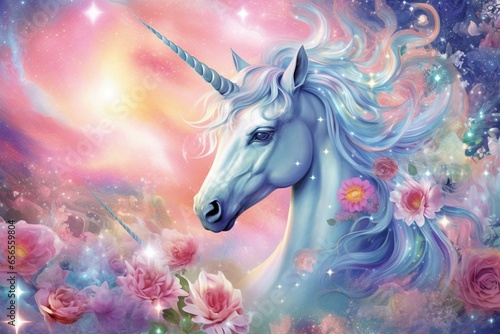 Artwork featuring a magical unicorn created through sublimation with sparkling glitter. Generative AI