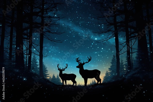 A woodland silhouette with a family of deer grazing under a starry sky