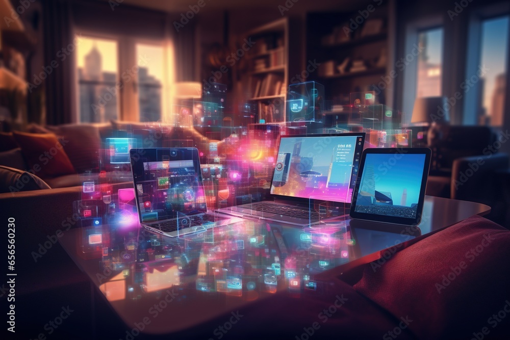 Fototapeta premium Abstract bokeh lights of electronic devices in a living room at twilight