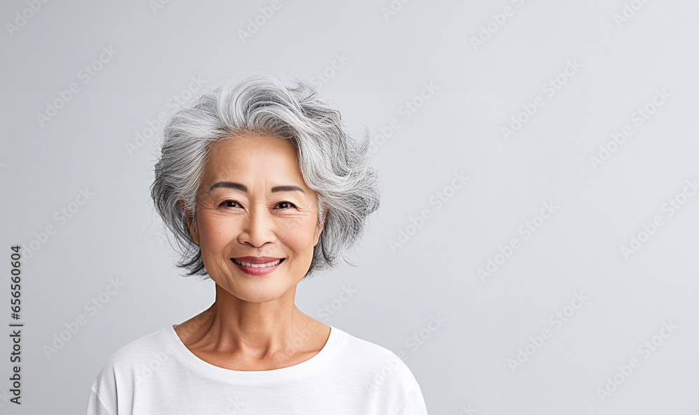 Elderly Asian woman isolated on white copy space. Stylish confident adult 50 years old Asian females looking at camera at gray background. Portrait of sophisticated grey hair woman advertising Elderly Asian woman isolated on white copy space. Stylish confident adult 50 years old Asian females looking at camera at gray background. Portrait of sophisticated grey hair woman advertising