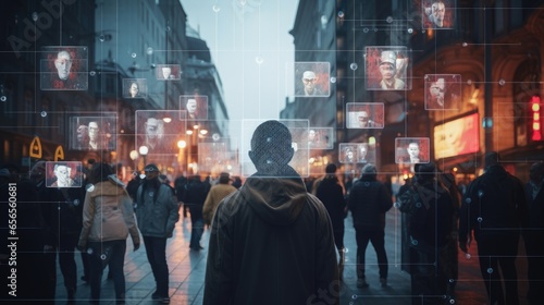 Digital composite of People walking in the street with social media icons and interface