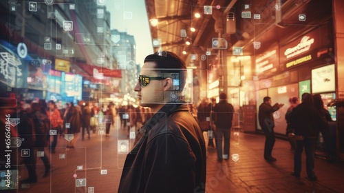 Man using virtual reality glasses in Hong Kong city. photo