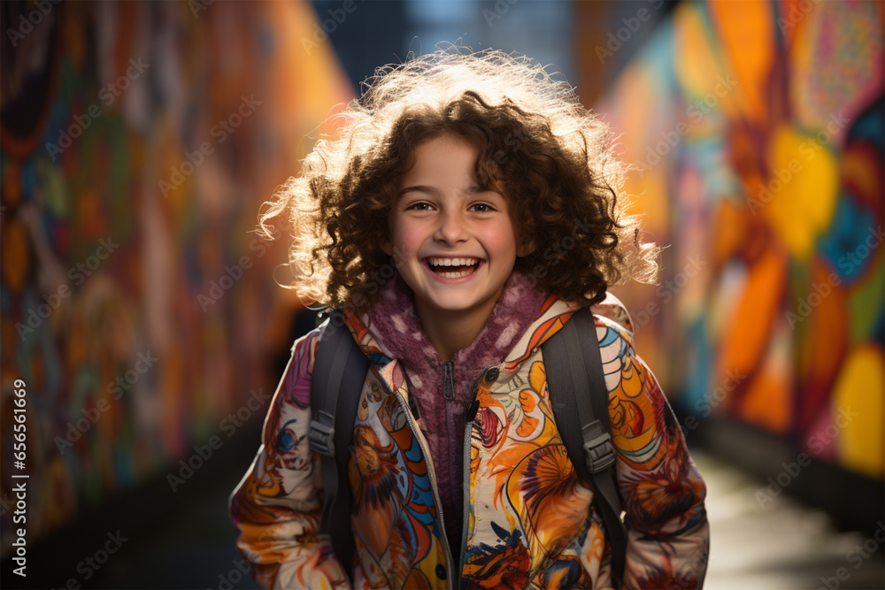 portrait of a cheerful schoolgirl in a bright jacket with curly hair running towards her against the background of a painted wall portrait of a cheerful schoolgirl in a bright jacket with curly hair running towards her against the background of a painted wall