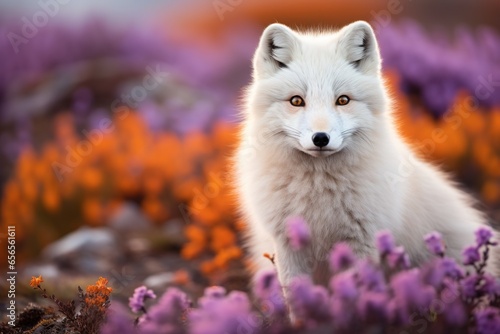 An arctic fox amidst summer flora, its fur a riot of edited colors photo