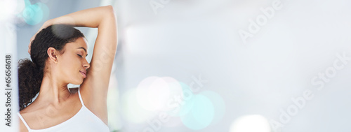 Woman, hygiene and smelling her armpits, fresh and clean from wellness, dermatology or cosmetics in overlay. Confident person, bokeh and natural care for body, deodorant and shower for health mockup photo