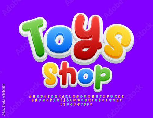Vector playful logo Toys Shop. Bright handwritten Font. Colorful funny Alphabet Letters and Numbers set