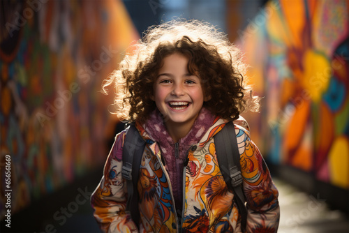 portrait of a cheerful schoolgirl in a bright jacket with curly hair running towards her against the background of a painted wall