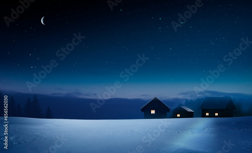 Beleuchtetes Dorf in einer Kalten winternacht
