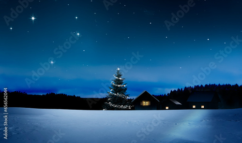 Beleuchtetes Dorf in einer Kalten winternacht