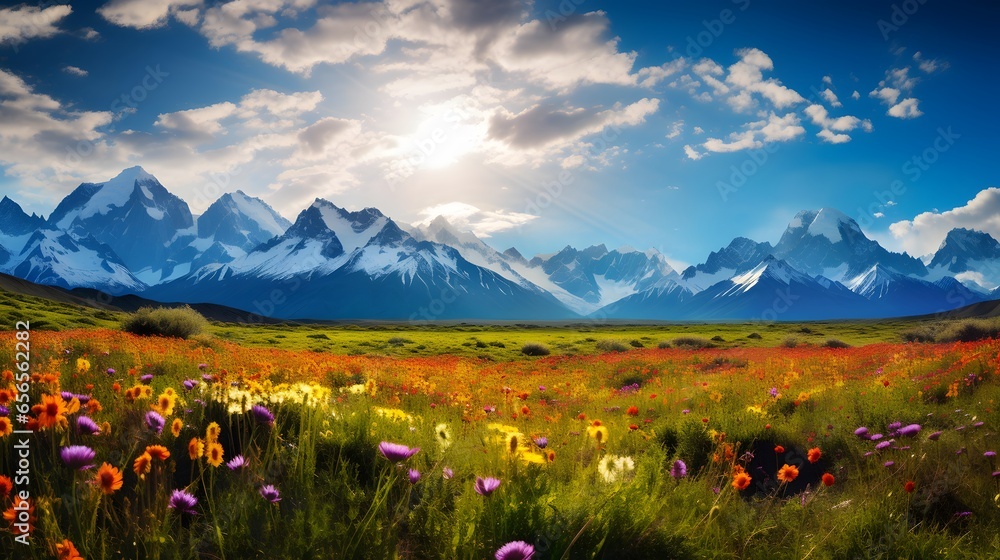 Beautiful spring landscape with flowers and mountains. Panoramic view.