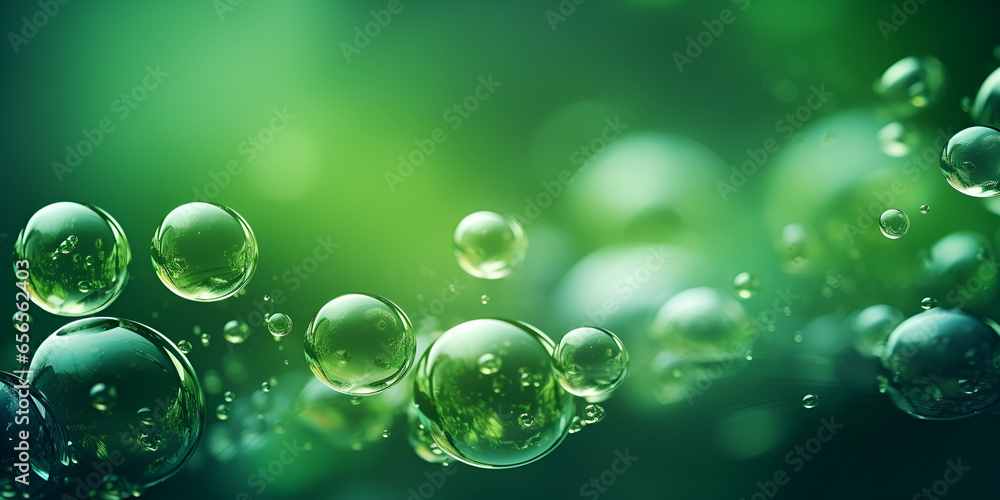Soap Bubbles On Green Background, Blurred natural background with soap bubbles, Clean green hydrogen, generative AI